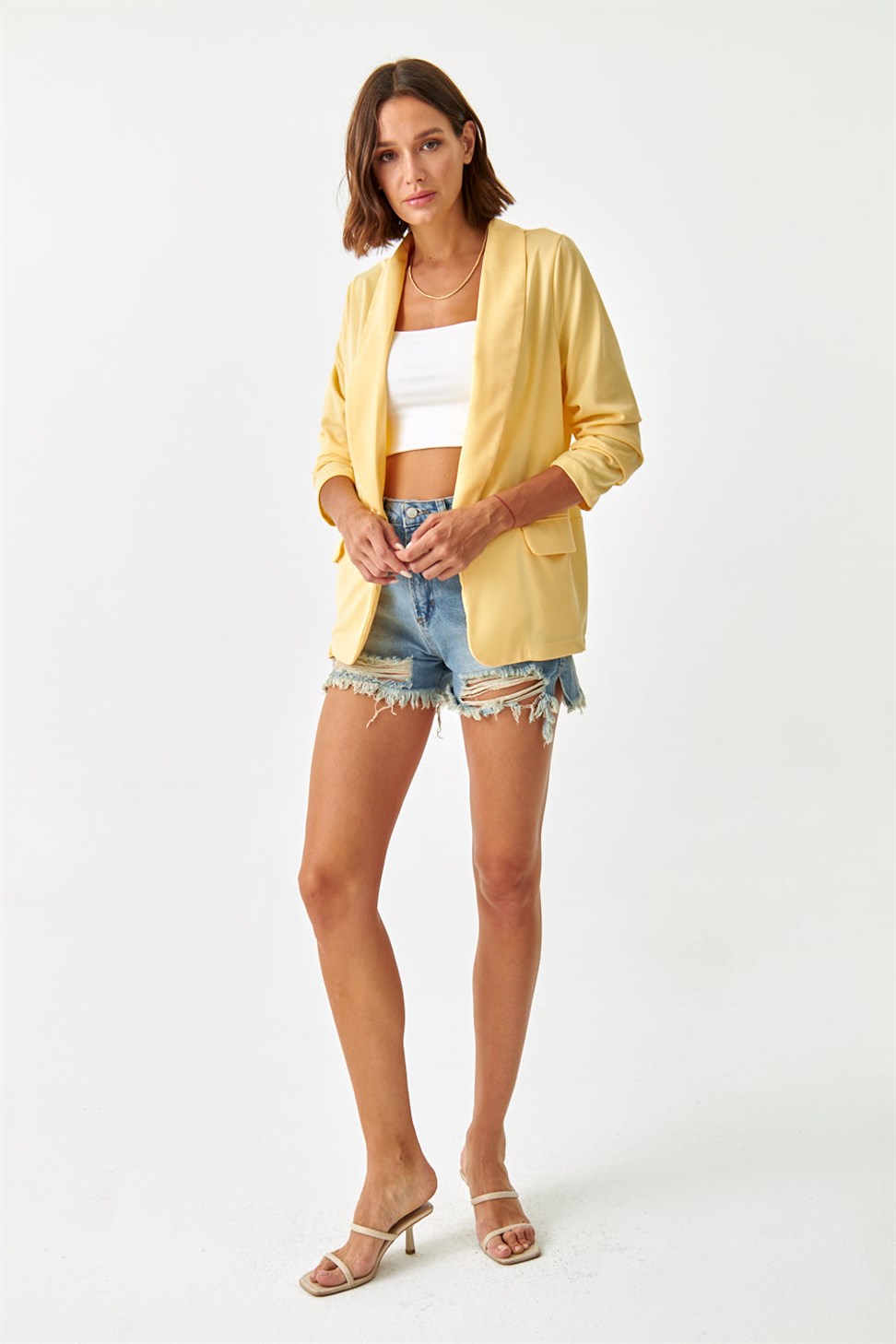 Astarsız Kolu Büzgülü Blazer Sarı Kadın Ceket