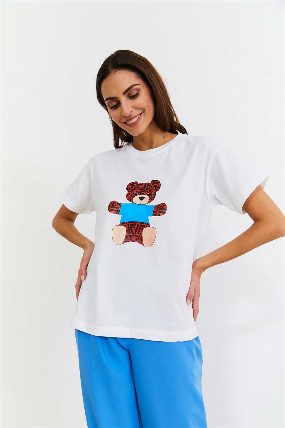 Bear printed short sleeve blue woman t-shirt