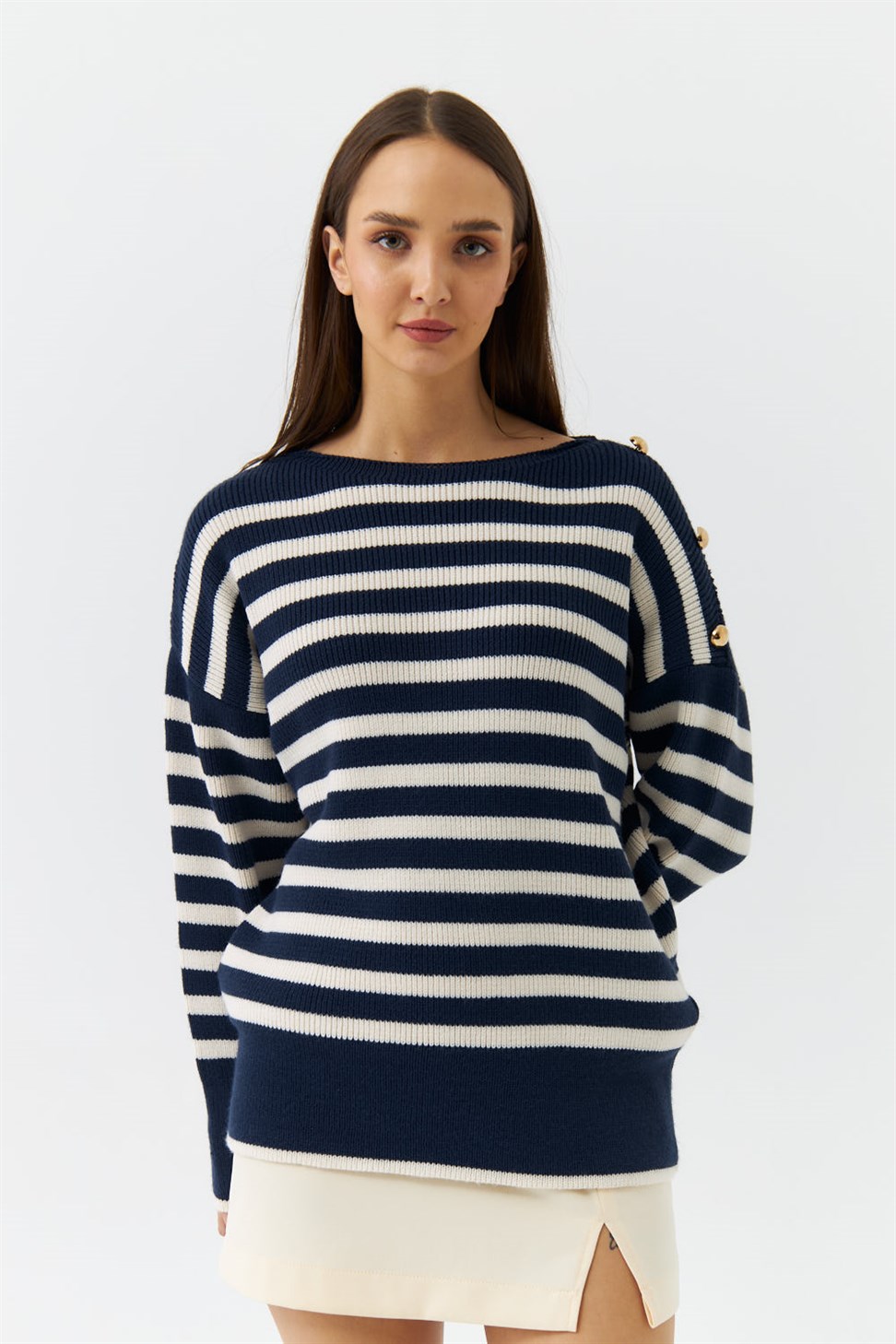 Crew Neck Striped Navy Blue Womens Knitwear Sweater