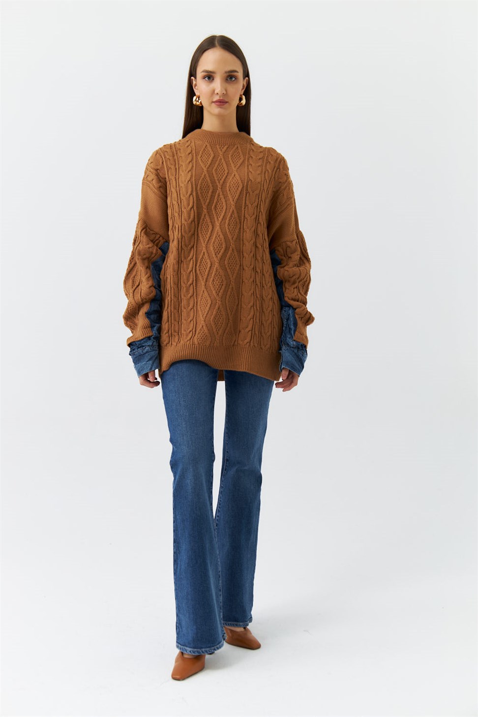 Crew Neck Sleeve Denim Detailed Knitwear Brown Womens Sweater