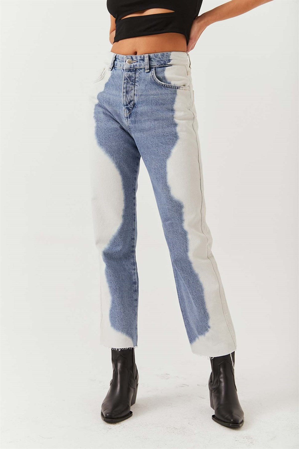 Çift Renk Orta Bel Straıght Kadın Mavi Jean