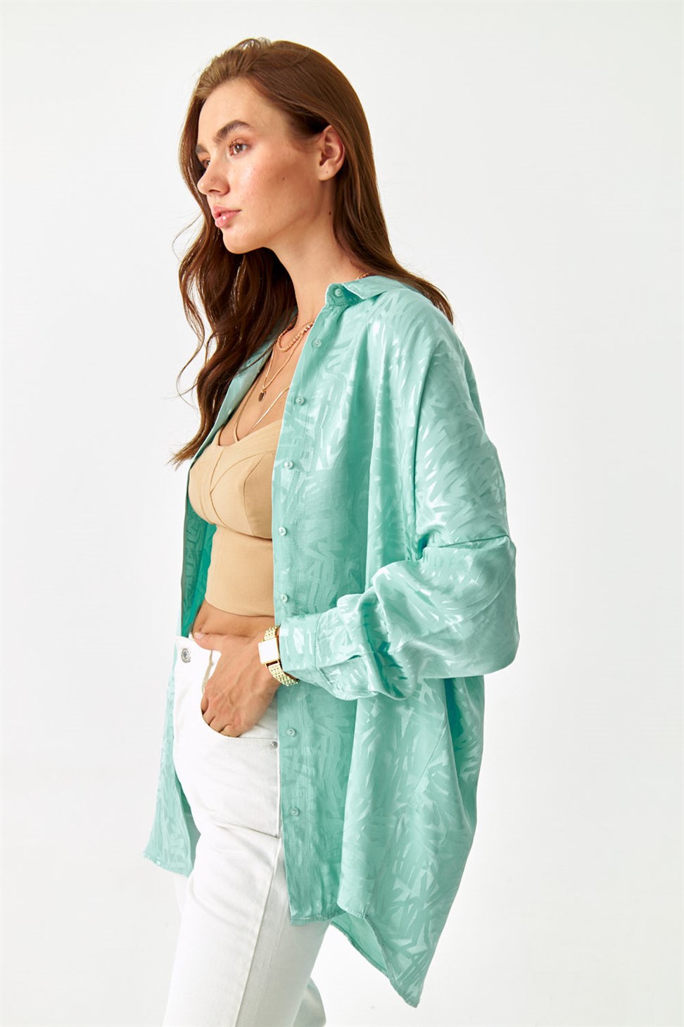 Desenli Jakarlı Uzun Kol Mint Yeşil Kadın Gömlek