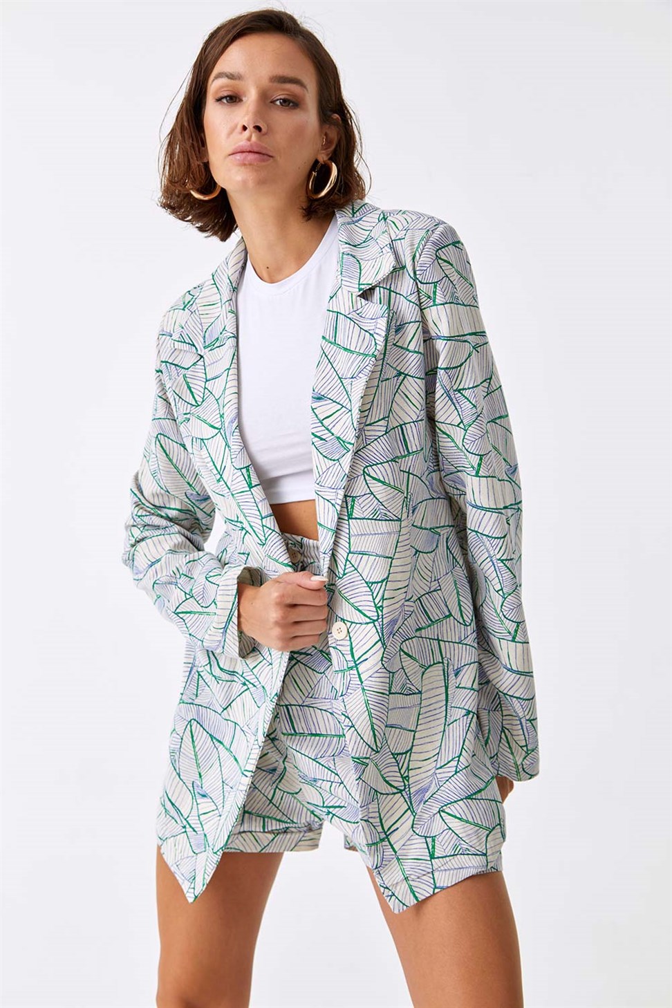 Desenli Keten Ceket Şort Yeşil Kadın Takım