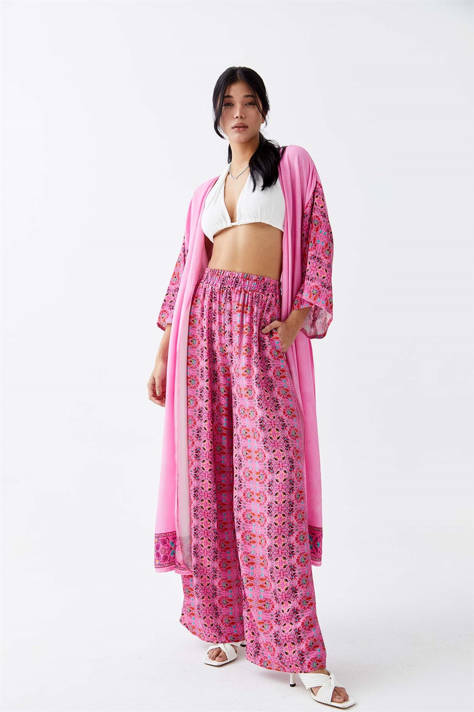 Desenli Pantolon Pembe Kadın Kimono Takım