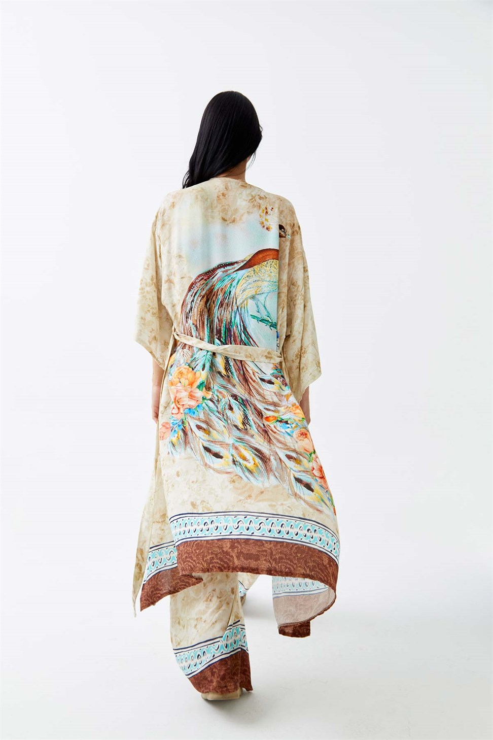 Desenli Pantolon Vizon Kadın Kimono Takım