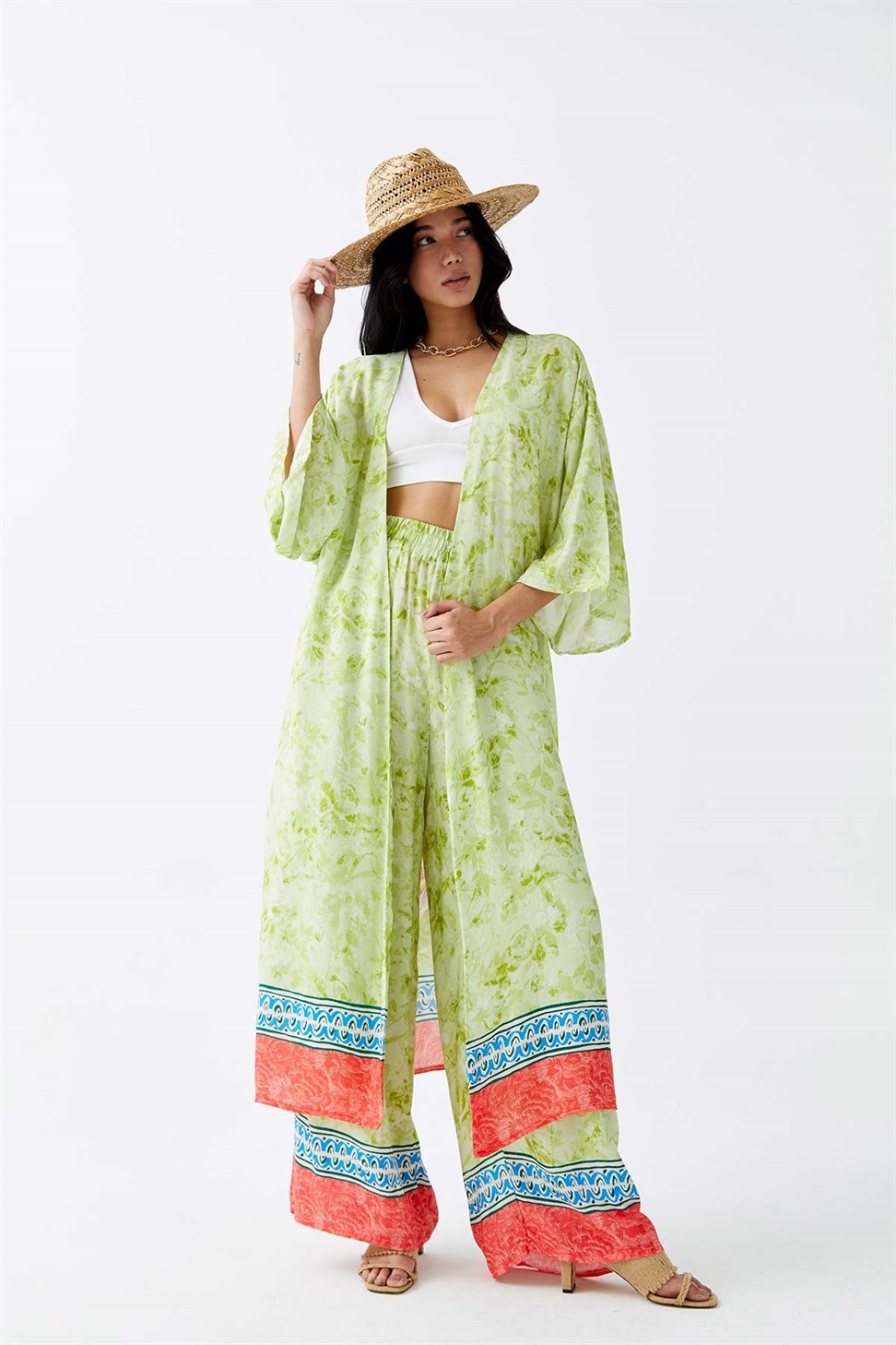 Patterned Trousers Green Woman Kimono Set