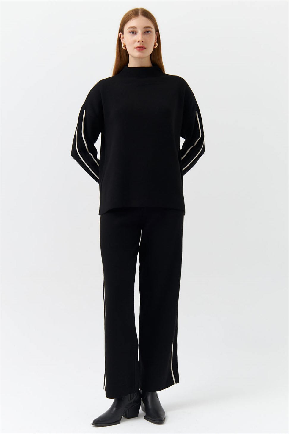 Stand Up Collar Stripe Detailed Black Womens Knitwear Set