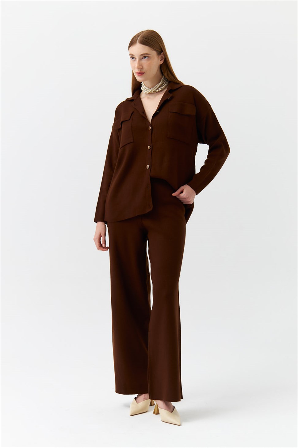 Shirt Collar Pocket Knitwear Brown Womens Suit
