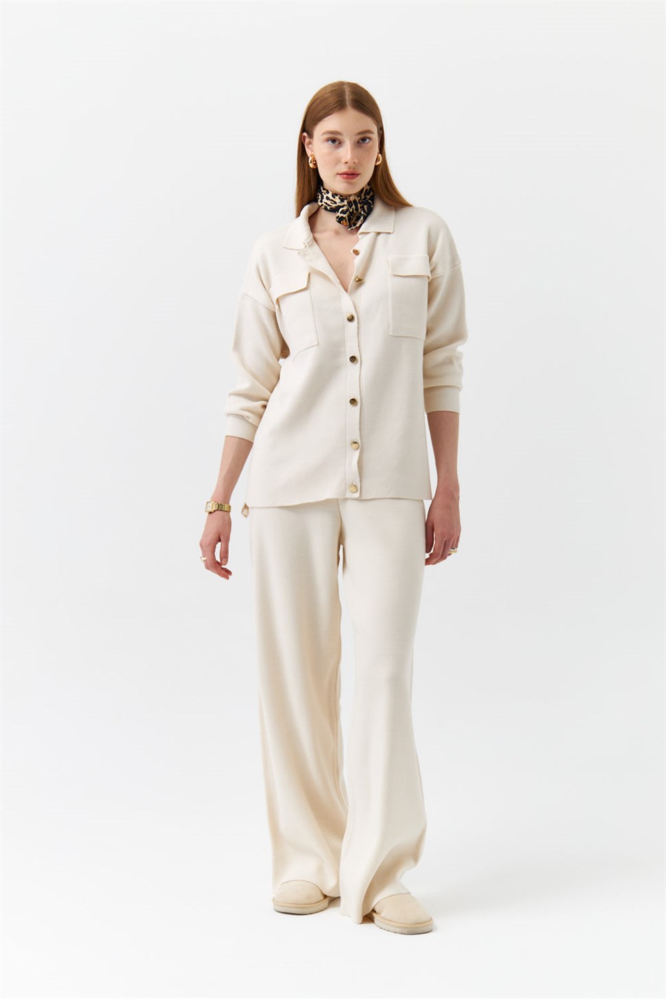 Shirt Collar Pocketed Knitwear Cream Womens Suit