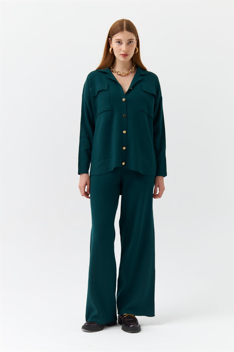 Shirt Collar Pocket Knitwear Emerald Green Womens Suit