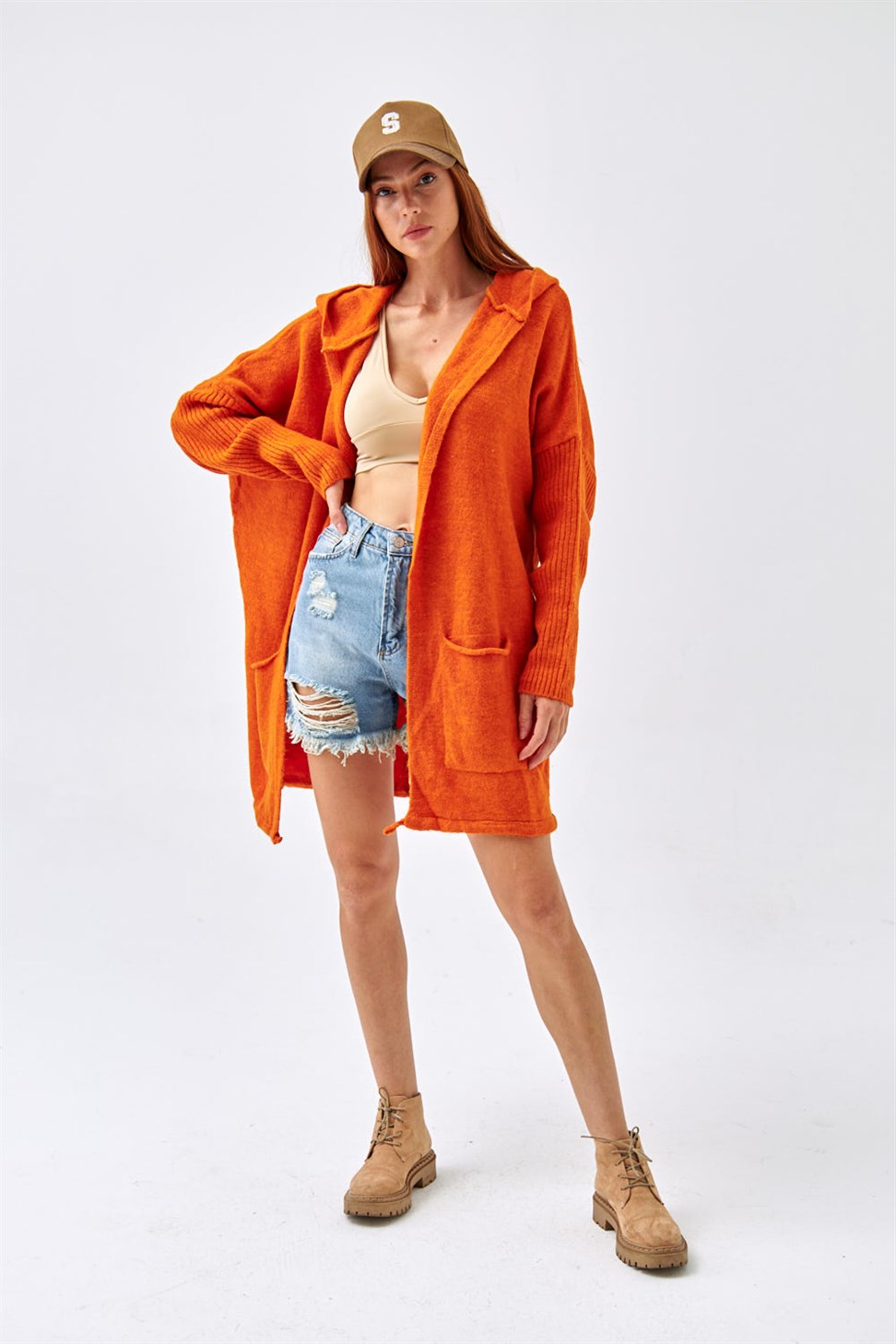 Hooded Loose Knitwear Orange Womens Cardigan