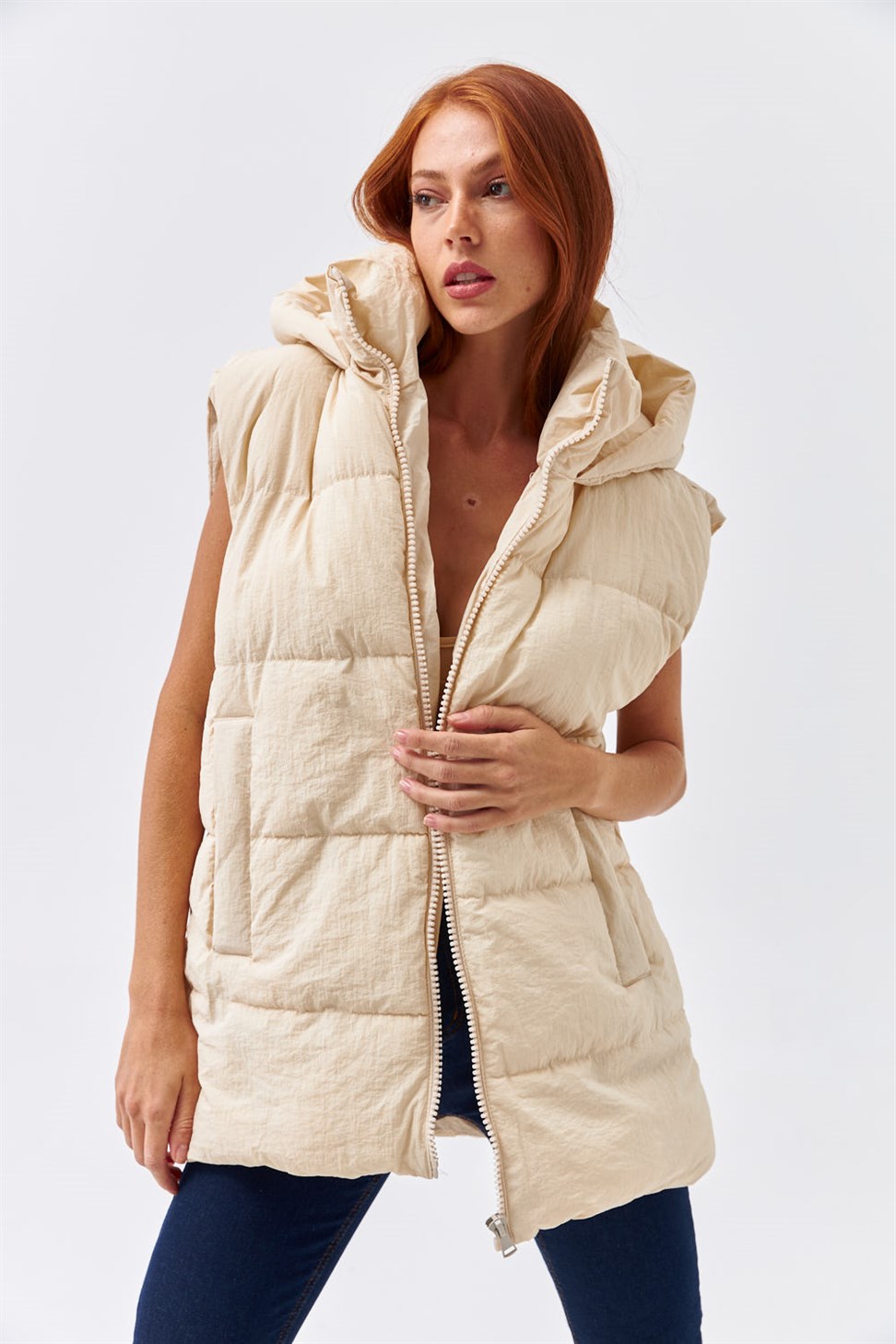 Hooded Inflatable Cream Womens Vest
