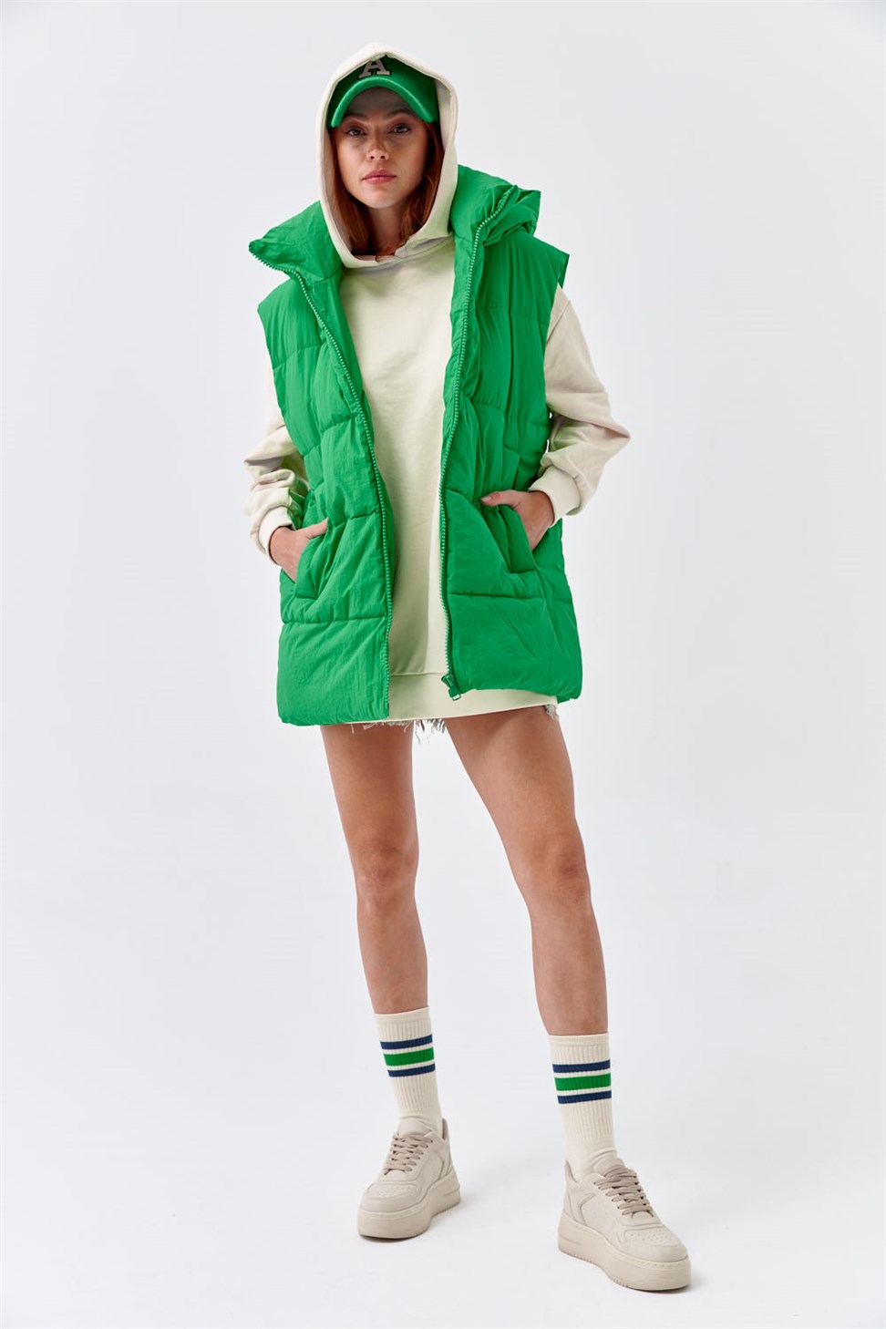 Hooded Inflatable Green Womens Vest