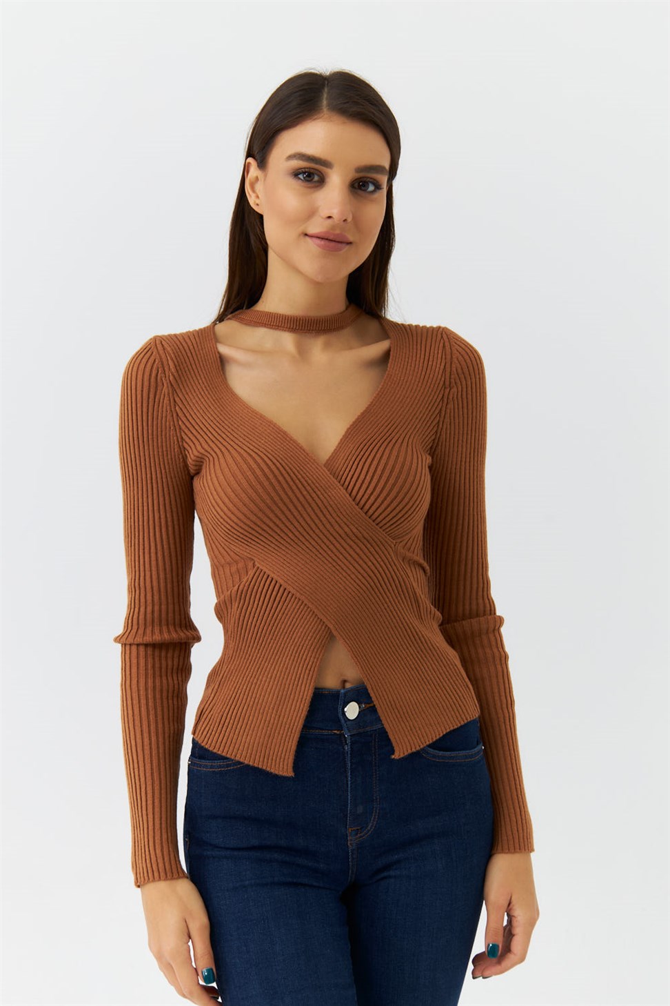 Double Breasted Collar Corduroy Knitwear Light Brown Womens Blouse