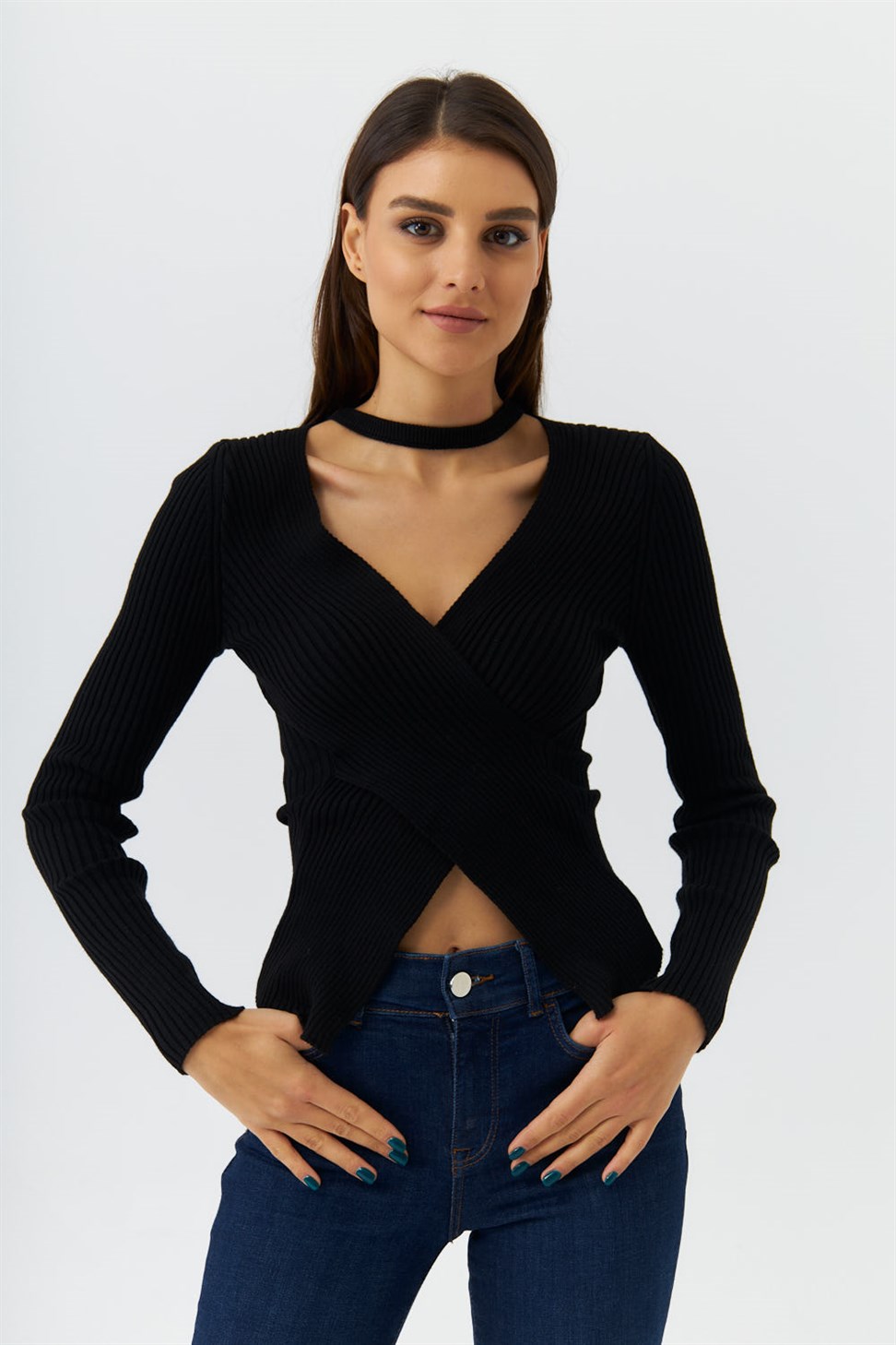 Double Breasted Collar Corduroy Knitwear Black Womens Blouse