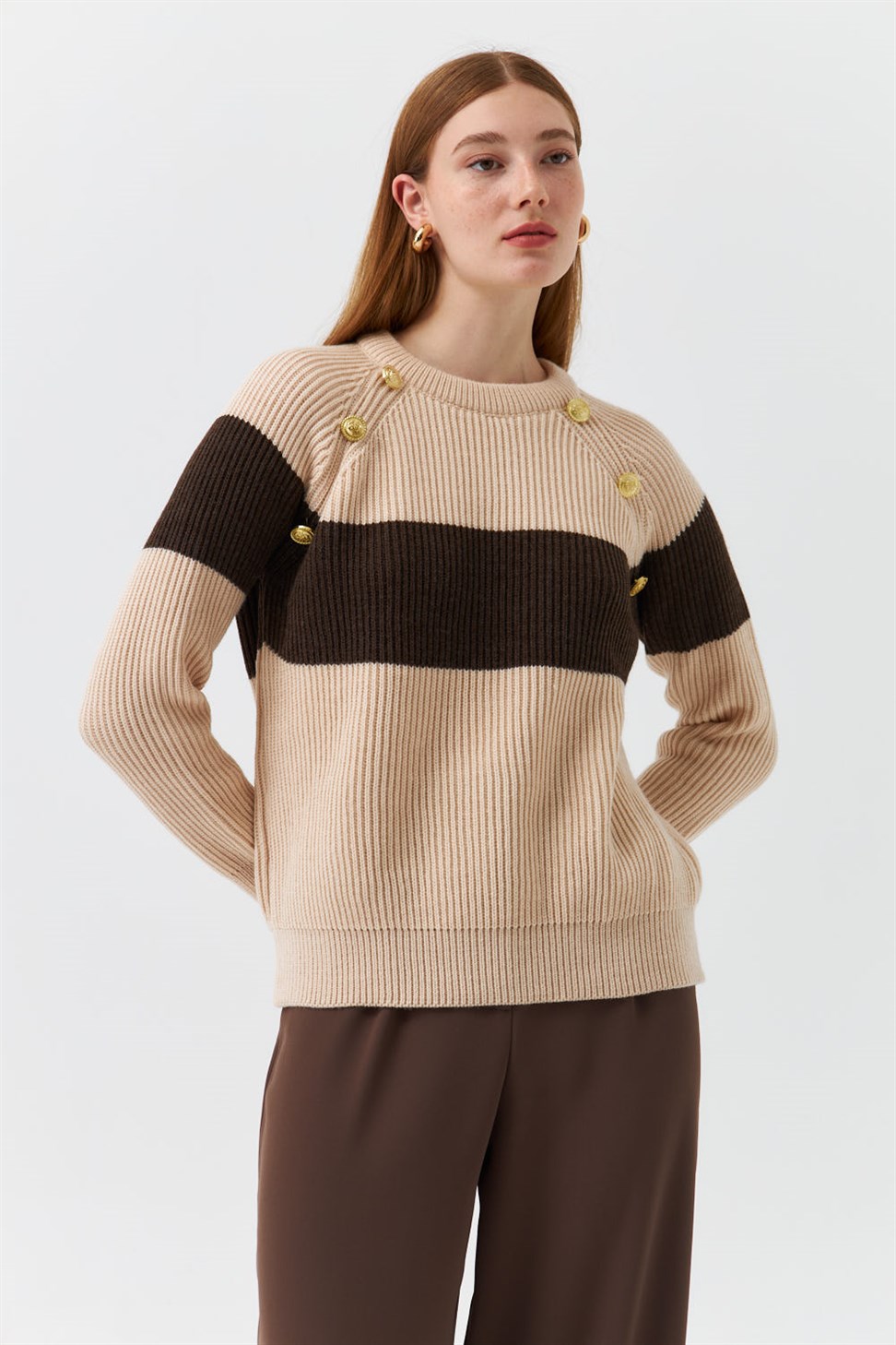 Modest Crew Neck Striped Beige Womens Knitwear Sweater