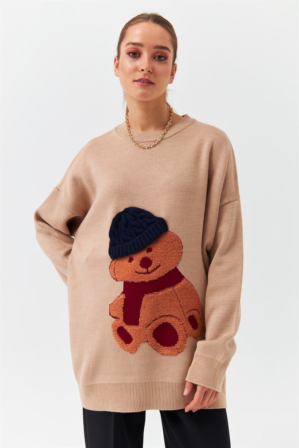 Modest Cycling Collar Patterned Knitwear Mink Women Sweater