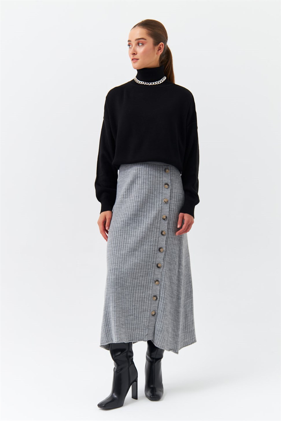 Modest Long Button Detailed Gray Knitwear Skirt