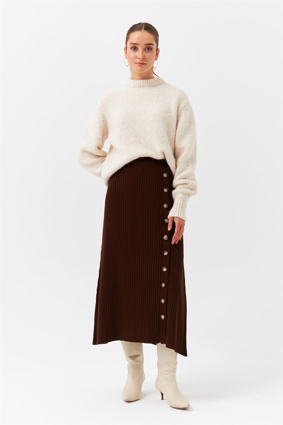 Modest Long Button Detailed Brown Knitwear Skirt