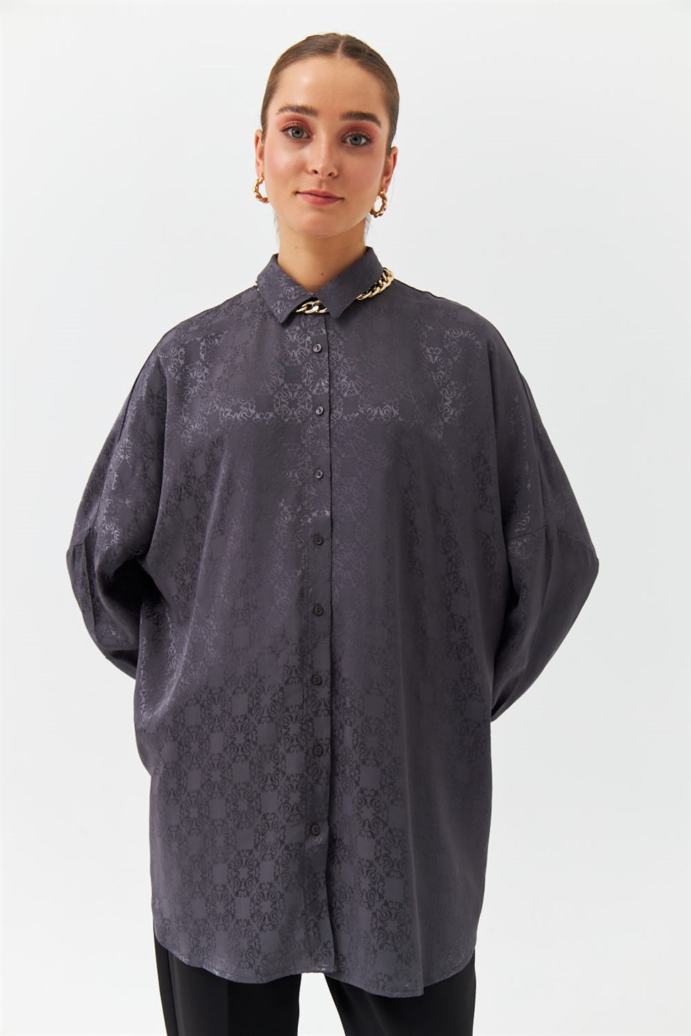 Modest Patterned Oversized Jacquard Satin Smoked Women Shirt