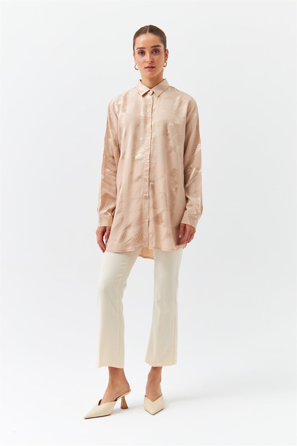 Modest Patterned Long Sleeve Jacquard Beige Womens Shirt