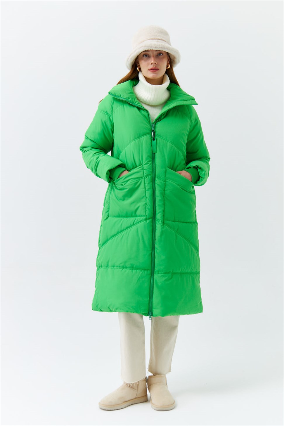 Modest High Collar Long Inflatable Green Womens Coat