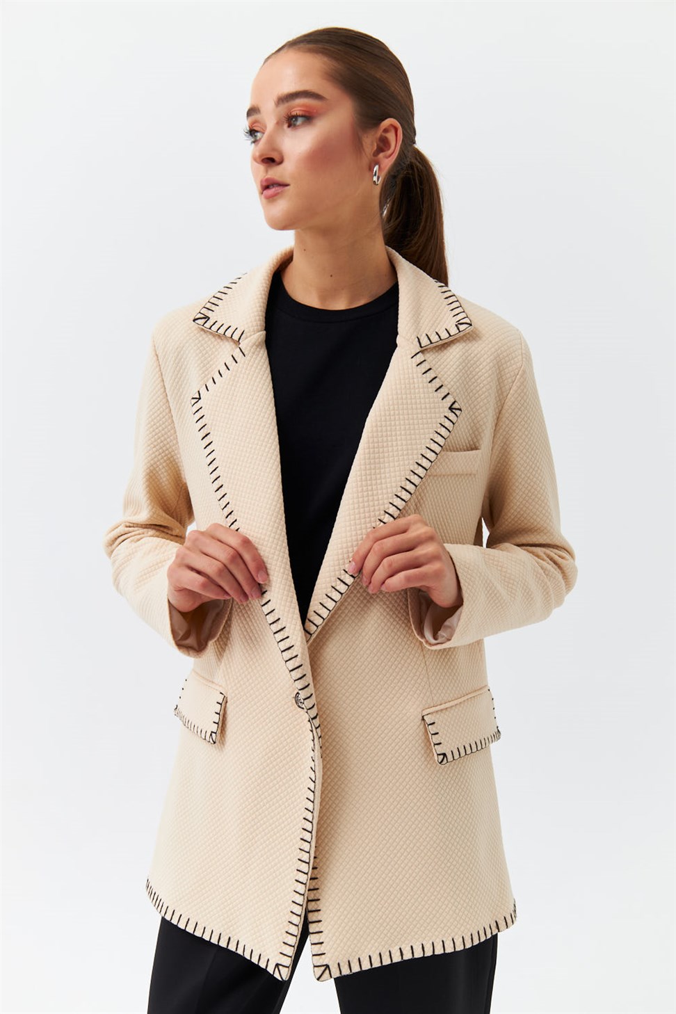 Modest Dikiş Detaylı Blazer Krem Kadın Ceket