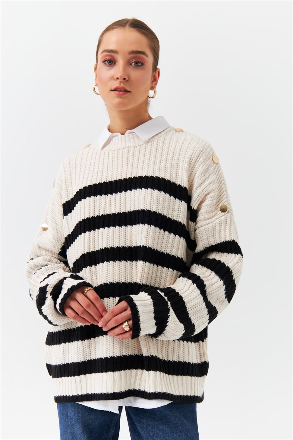 Modest Gold Button Detailed Striped Knitwear Stone Womens Sweater