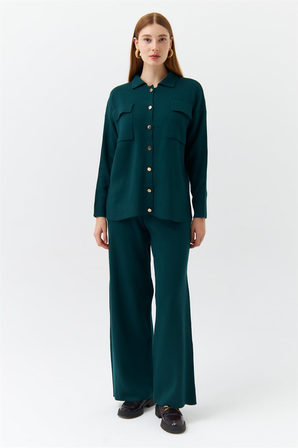 Modest Gömlek Yaka Cepli Triko Zümrüt Yeşil Kadın Takım