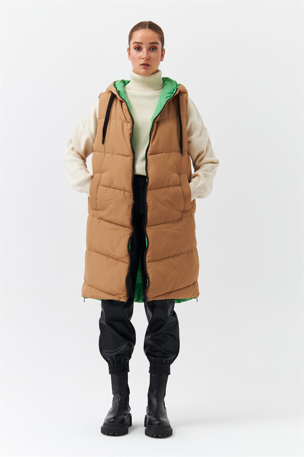 Modest Hooded Green Womens Inflatable Vest