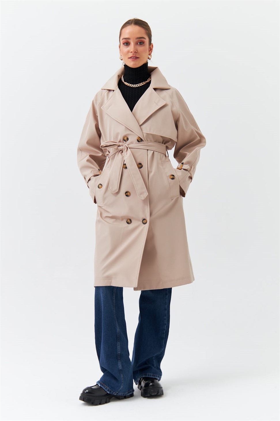 Modest Belted Stone Women Trench Coat