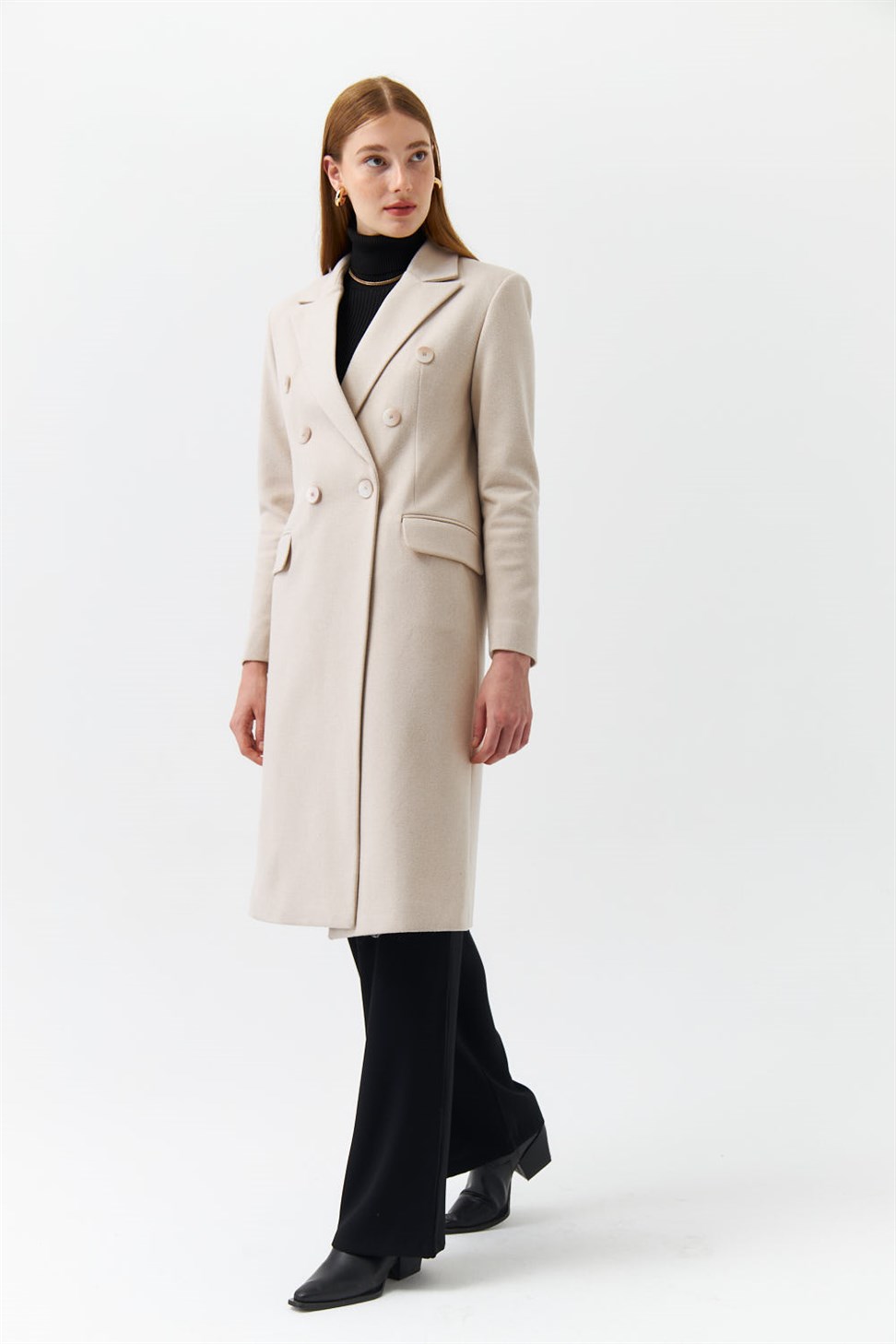 Modest Double Breasted Collar Pocket Detailed Cachet Stone Womens Coat
