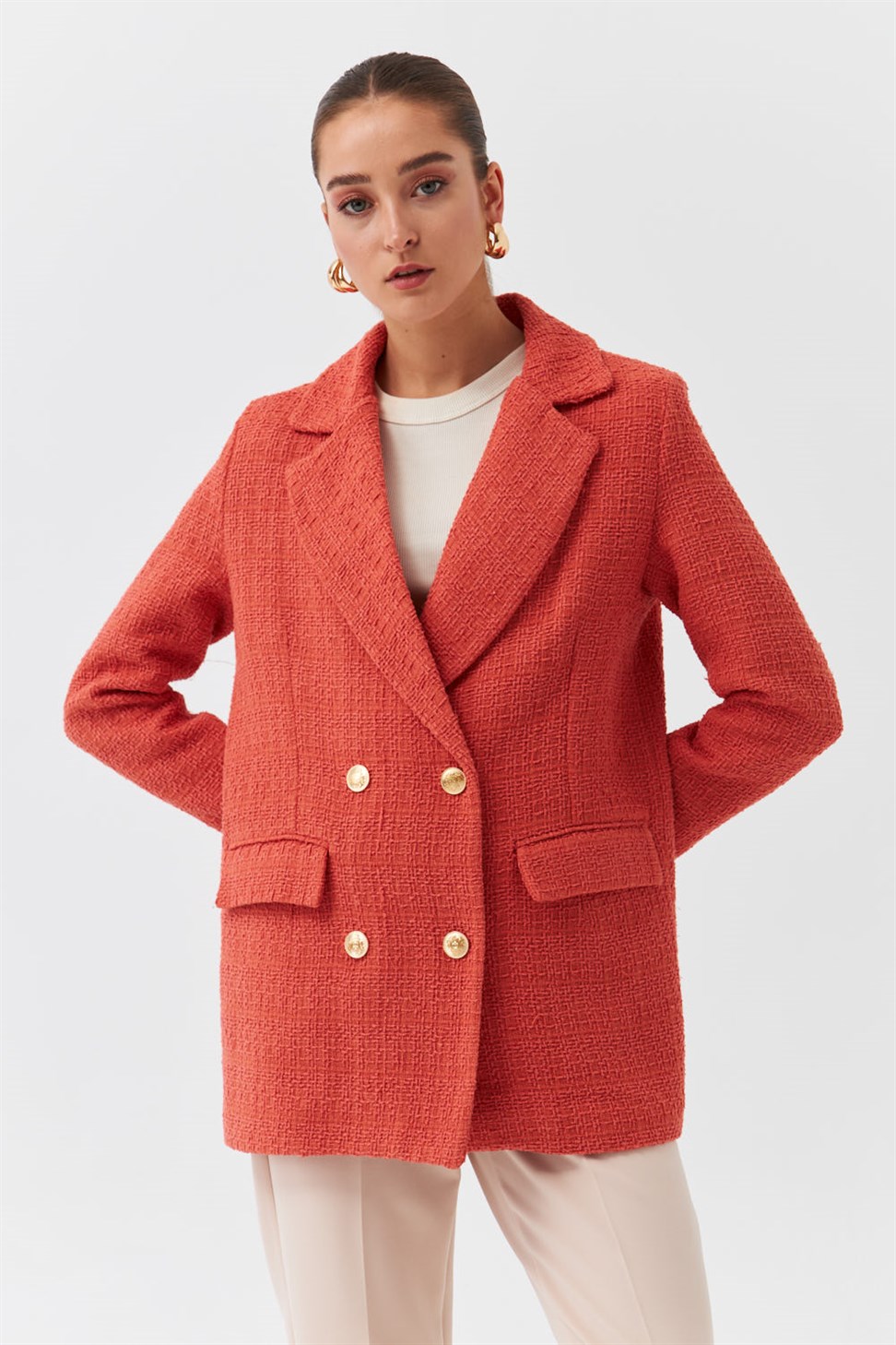 Modest Double Breasted Collar Tweed Orange Womens Jacket