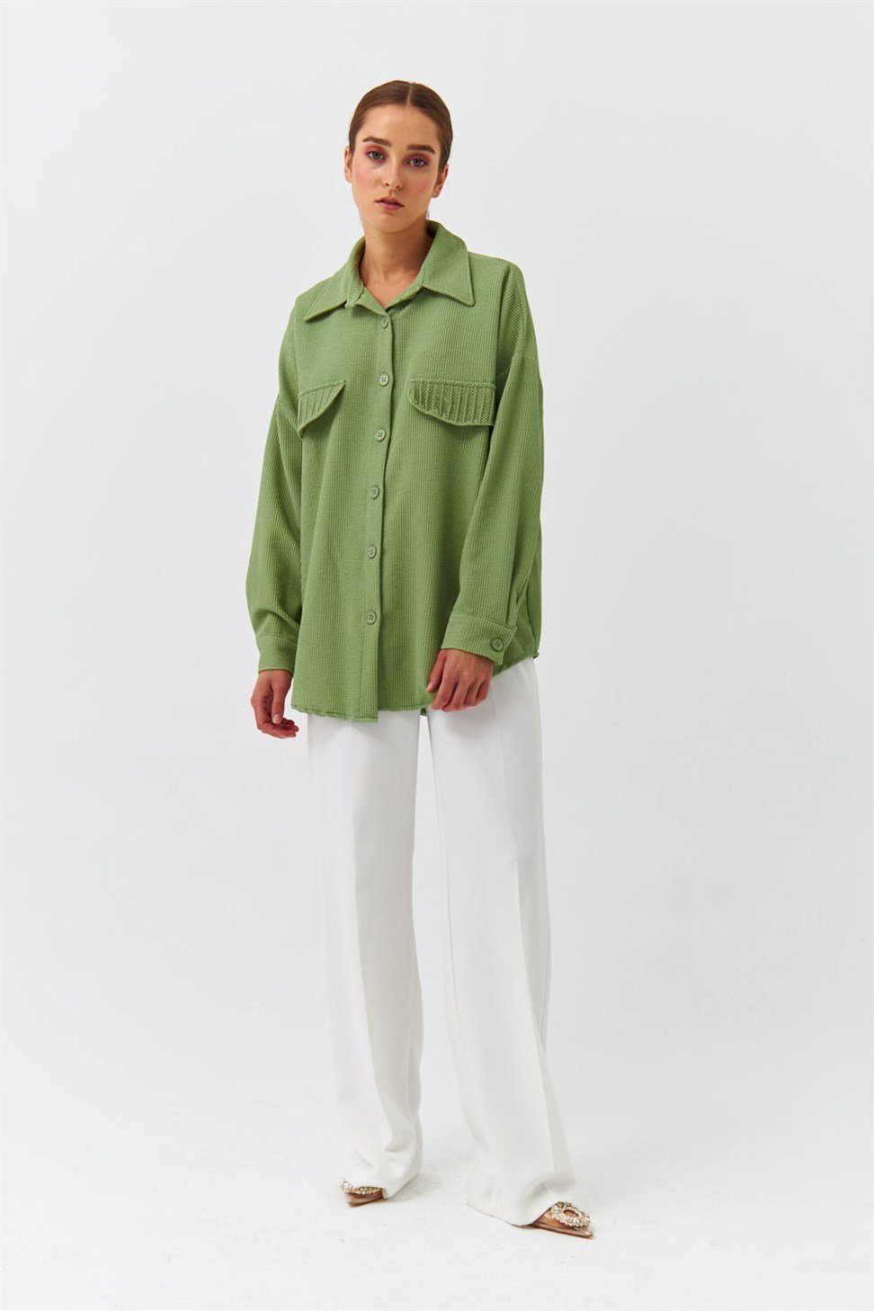 Modest Oval Kesim Fitilli Yeşil Kadın Gömlek