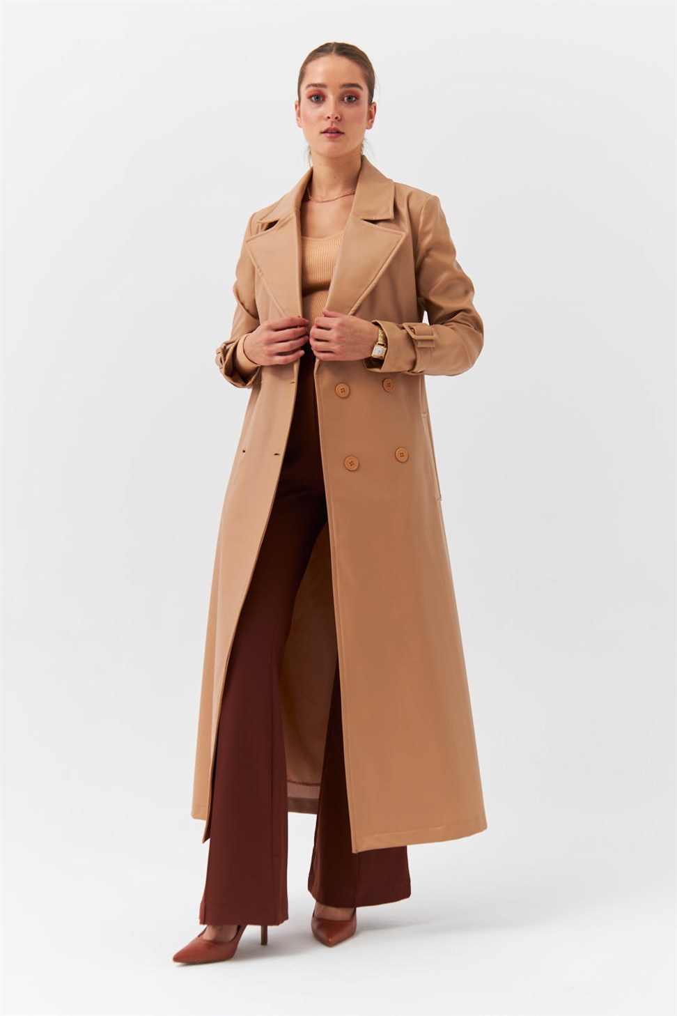 Modest Faux Leather Belt Camel Womens Trench Coat