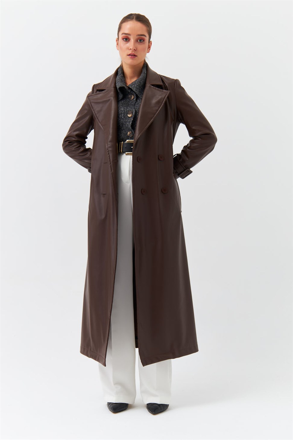 Modest Brown Womens Trench Coat With Faux Leather Belt