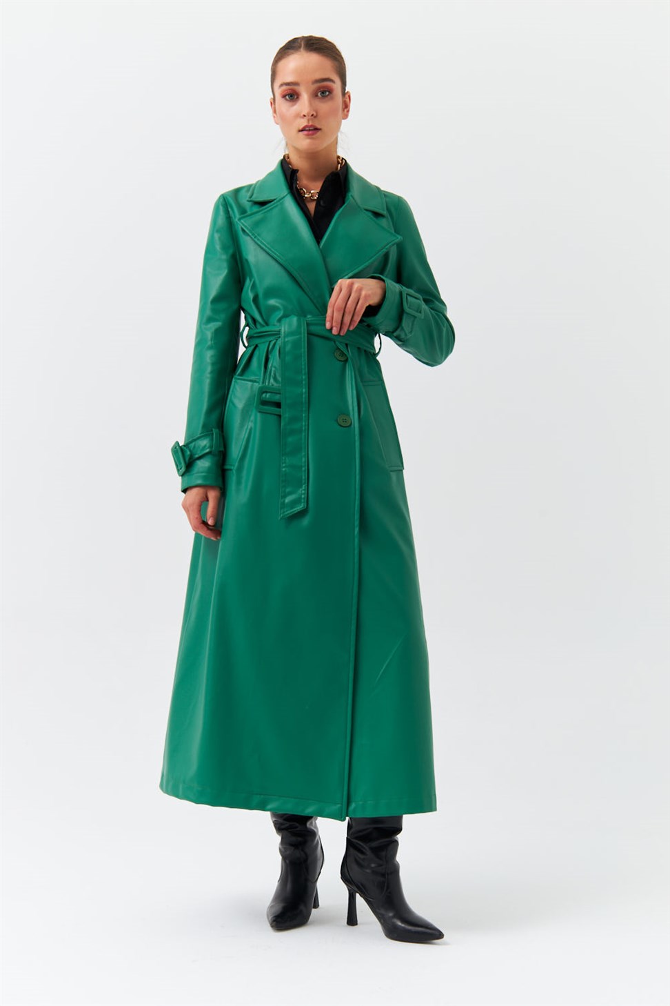 Modest Green Womens Trench Coat With Faux Leather Belt