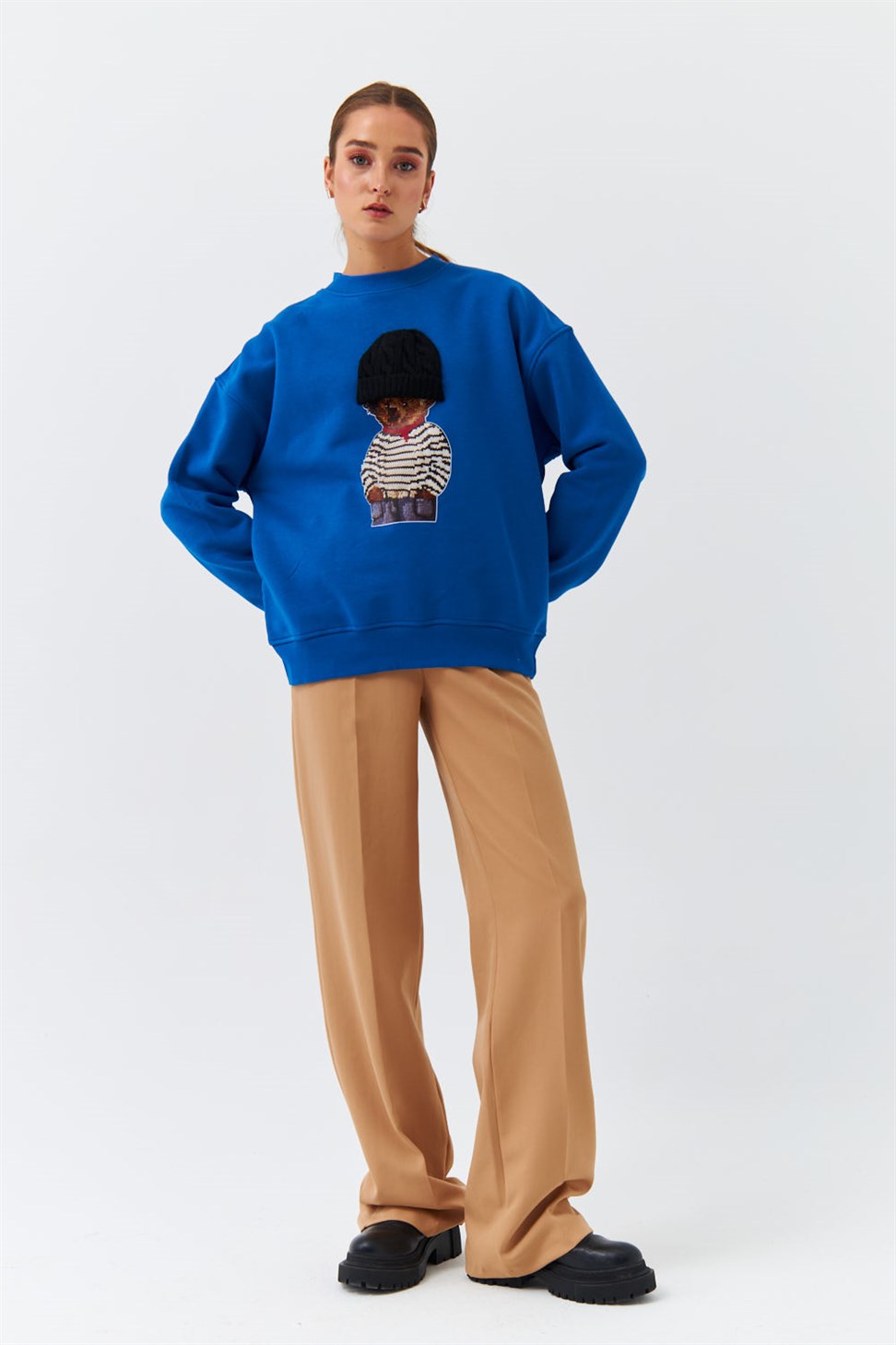 Modest Teddy Bear Baskılı Saks Mavi Kadın Sweatshirt