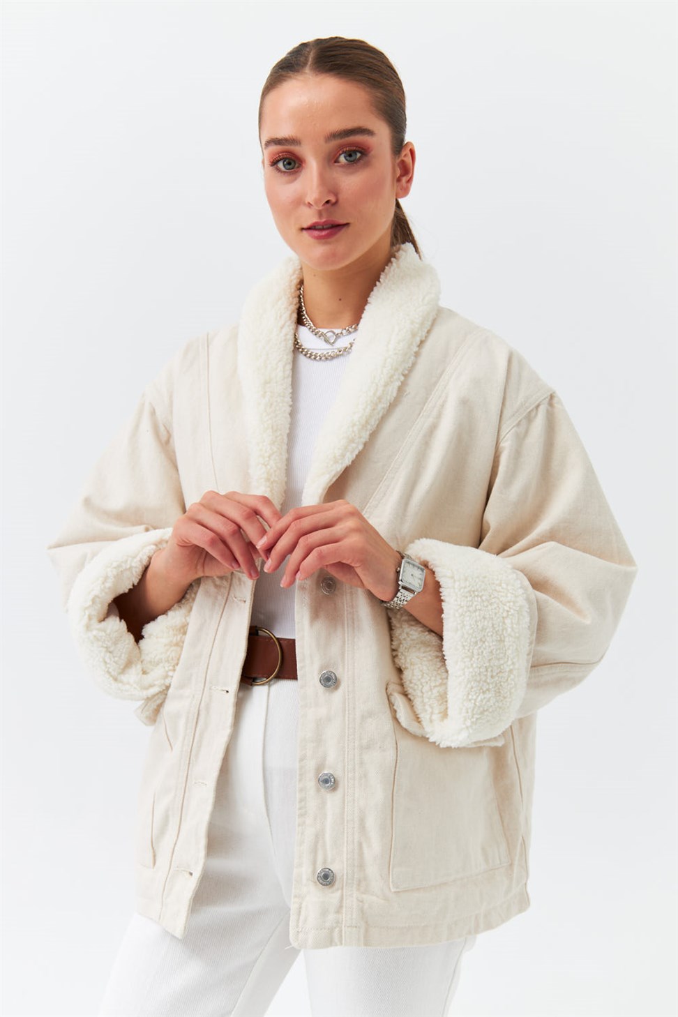 Modest Collar Furry Stone Womens Coat