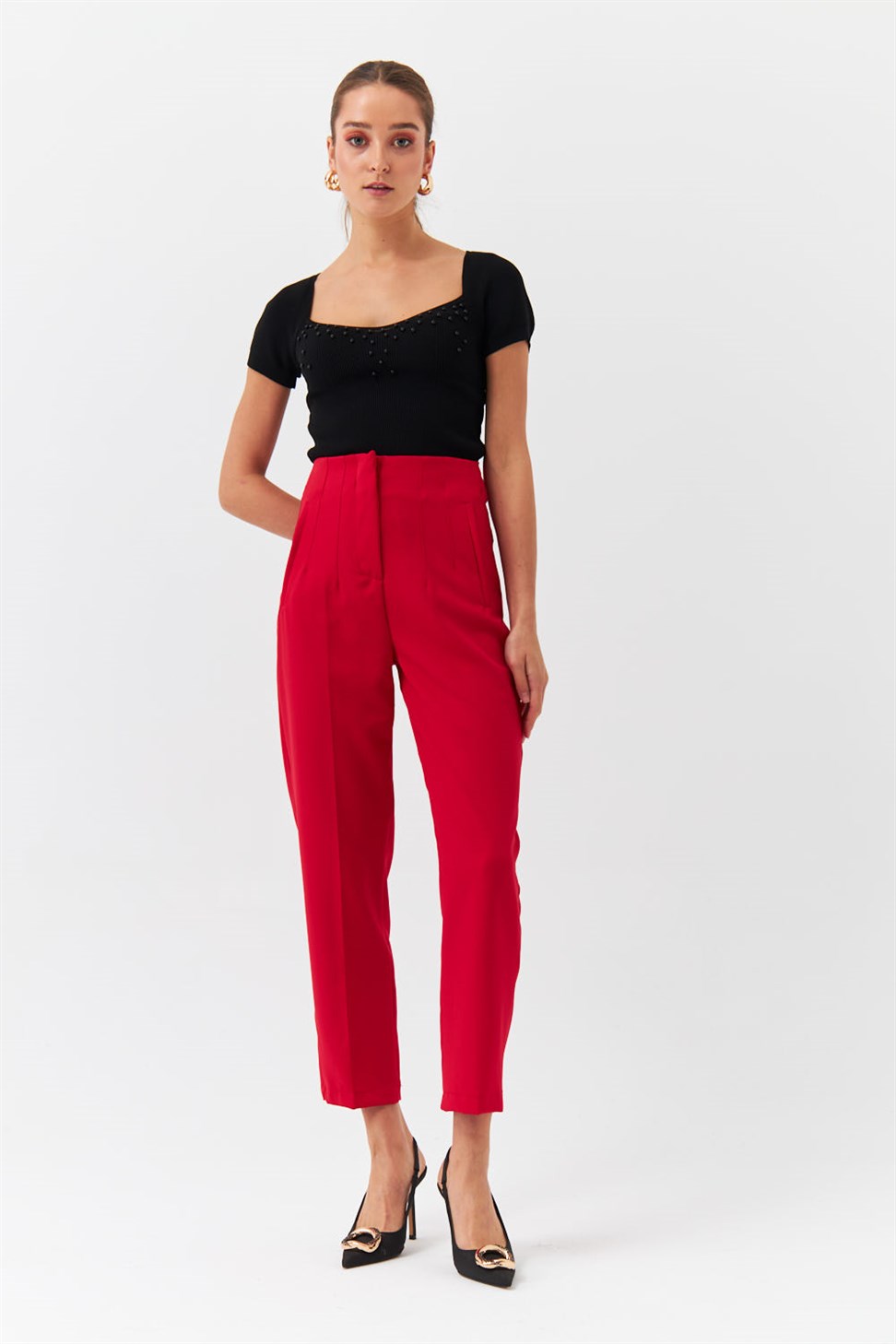 Modest Yüksek Bel Kırmızı Kadın Kumaş Pantolon