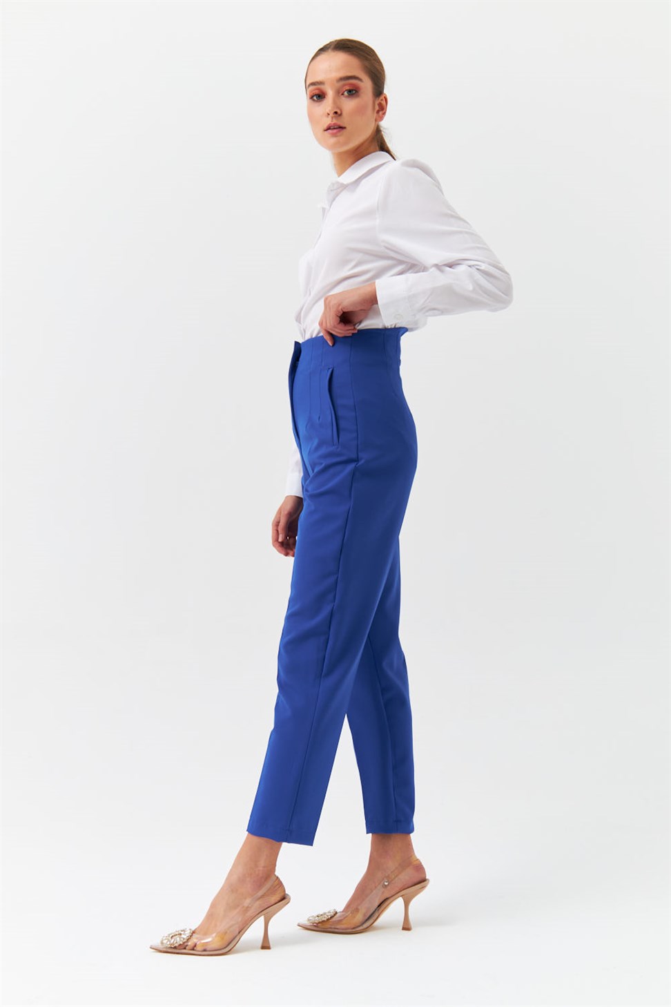 Modest High Waist Sax Blue Womens Fabric Trousers