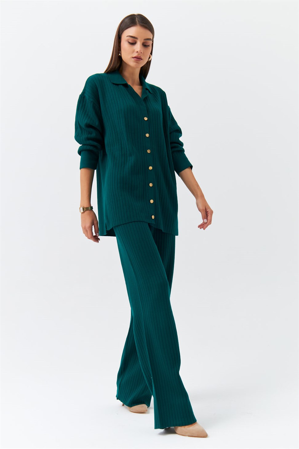 Polo Collar Knitwear Emerald Green Womens Suit