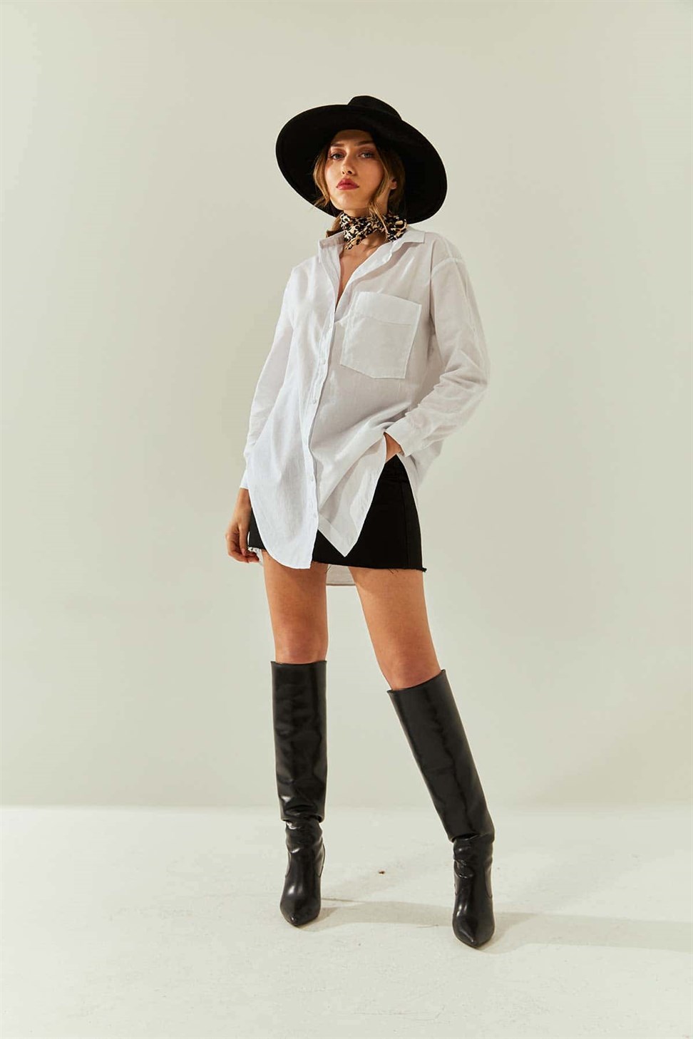 Single Pocket Long Cotton Womens White Shirt