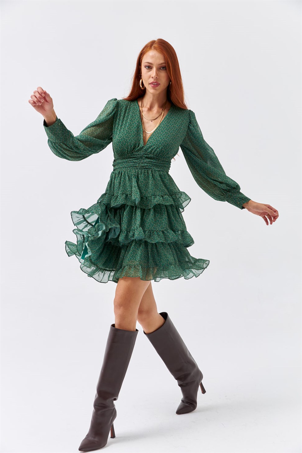 V-Neck Tiered Chiffon Green Dress