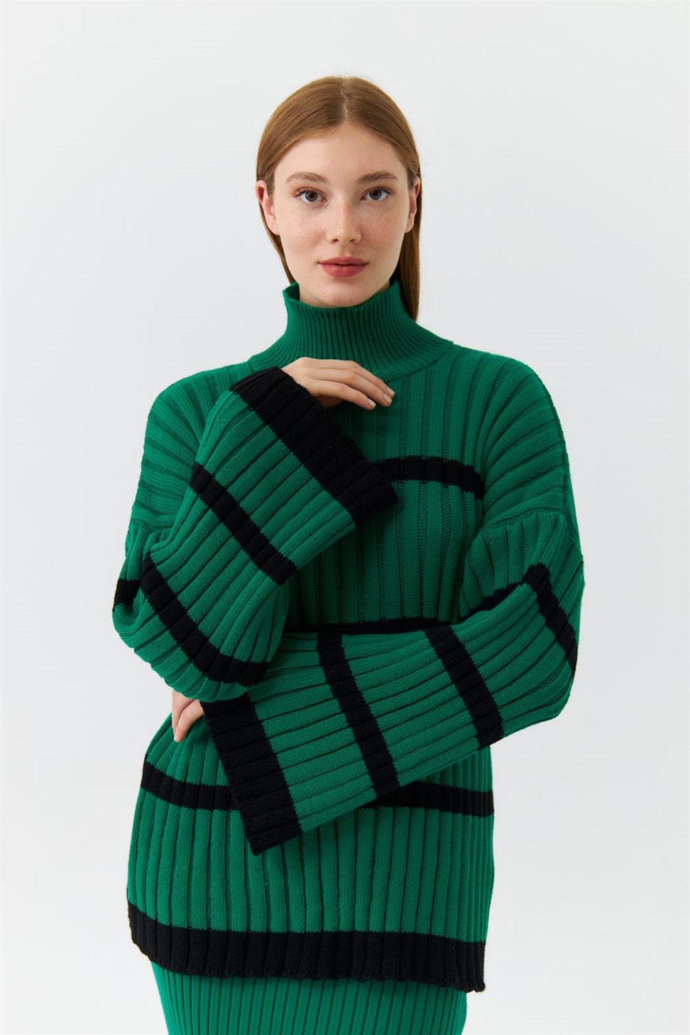 Half Turtleneck Striped Knitwear Green Womens Sweater