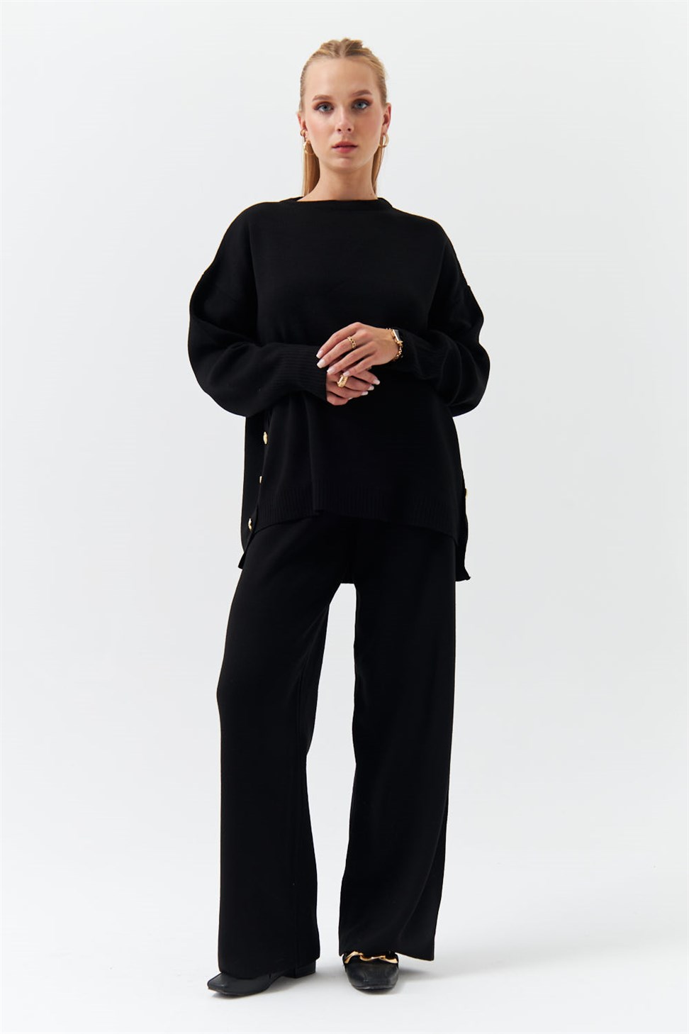 Slit Detailed Knitwear Black Womens Suit