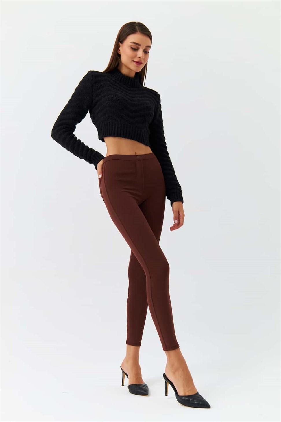 Yüksek Bel Toparlayıcı Kahverengi Kadın Tayt Pantolon