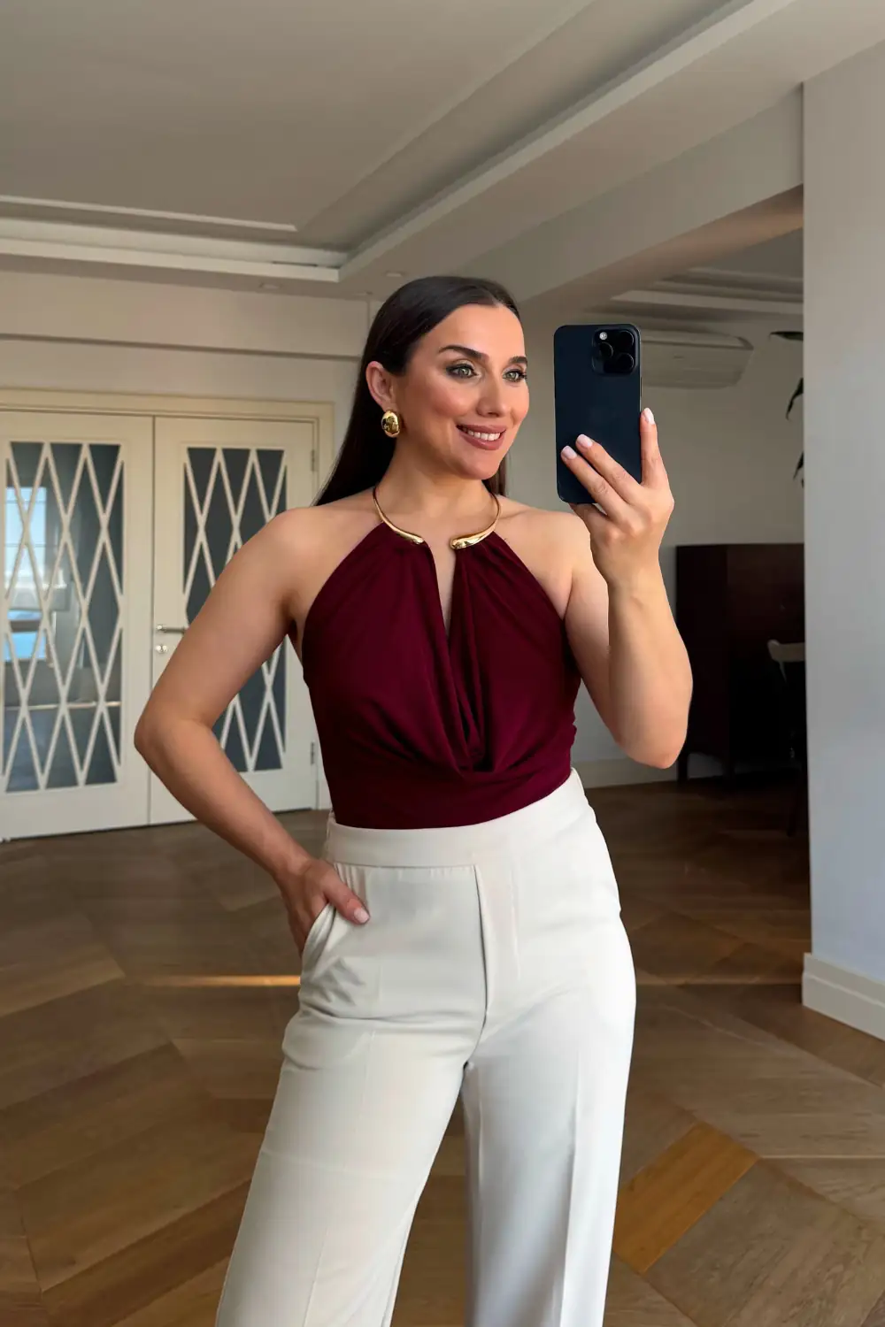 Degaje Yaka Aksesuar Detaylı Bodysuit - BORDO