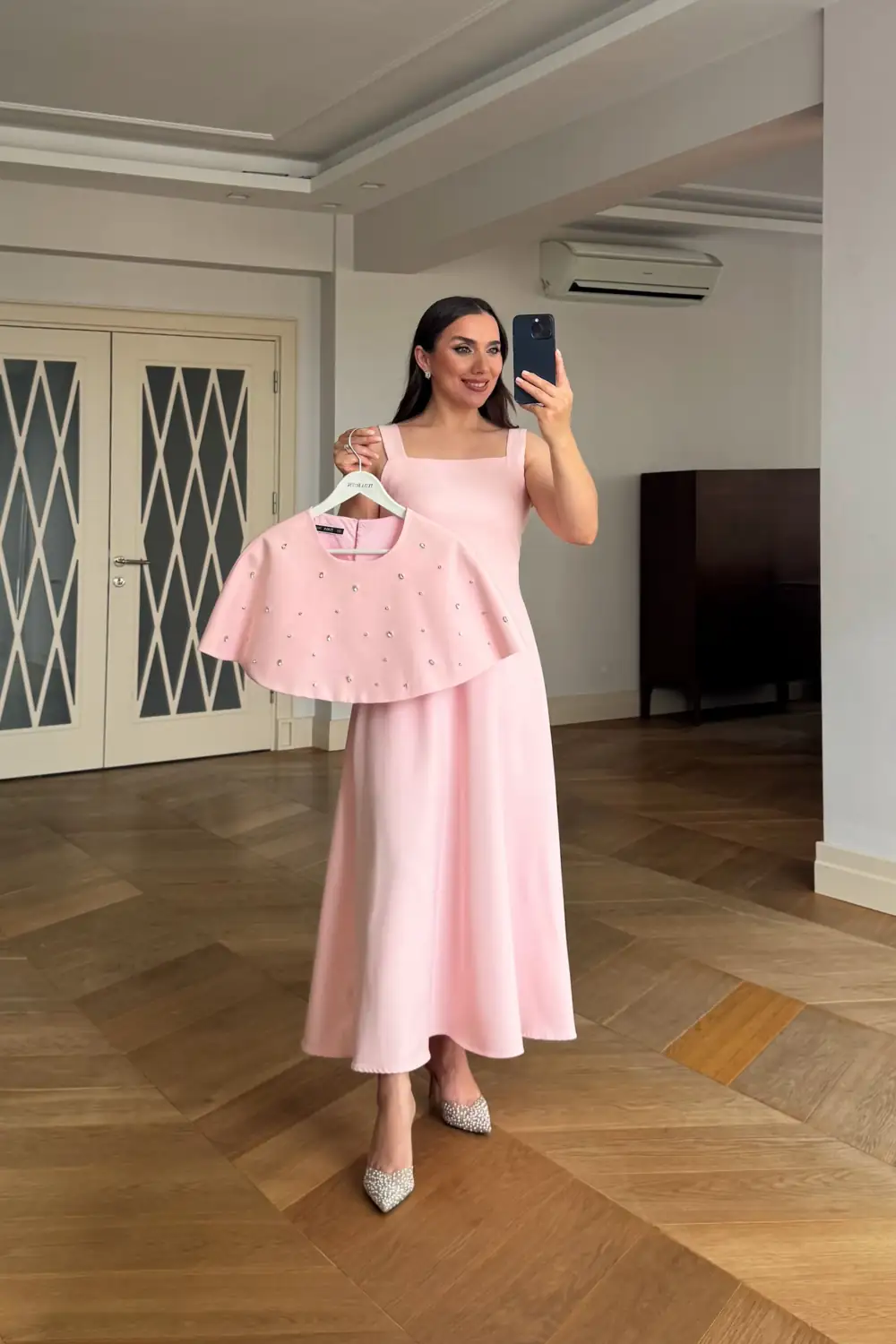 Pelerin Detaylı kare Yaka Askılı Midi Elbise - Pembe