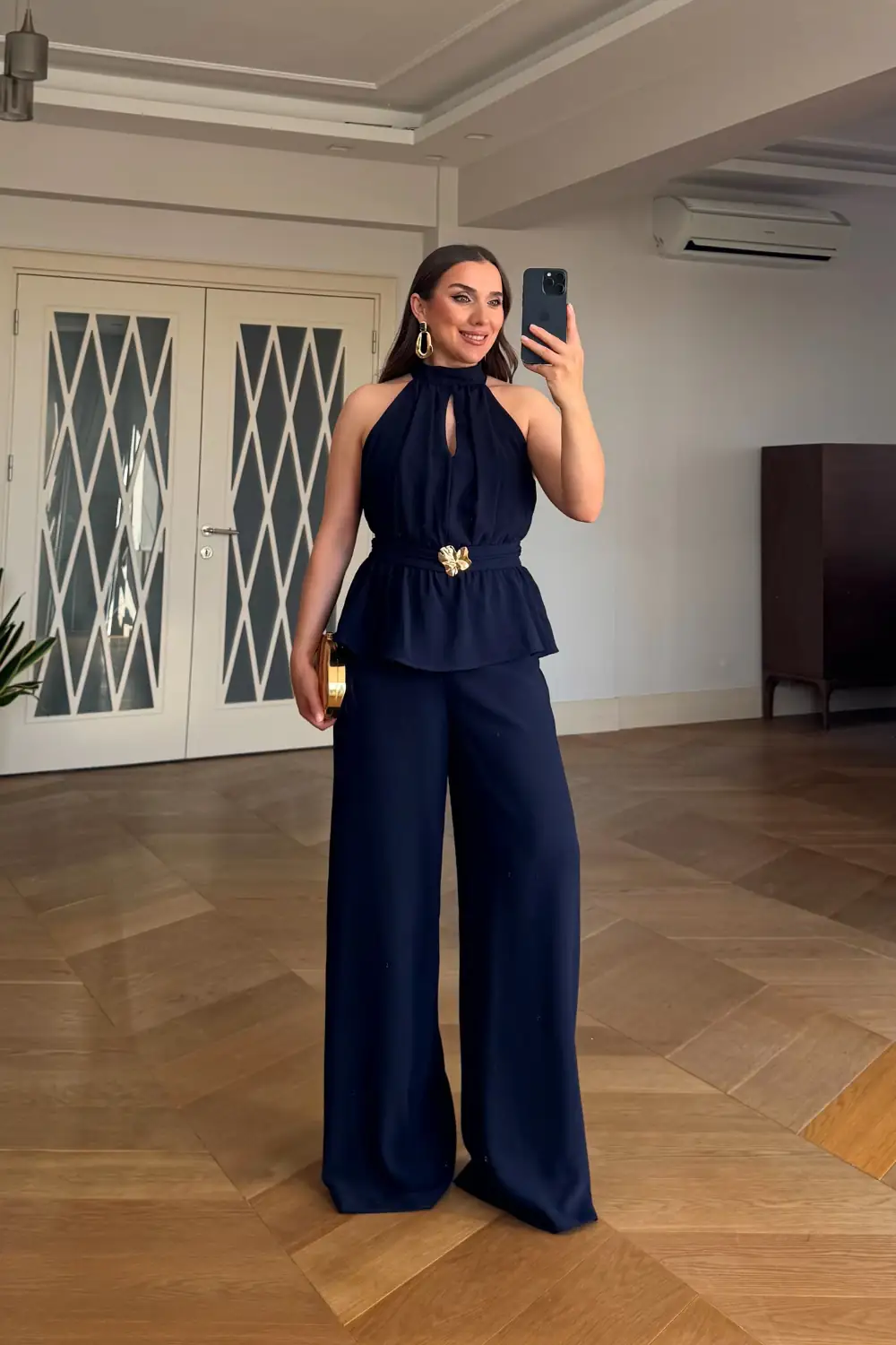Halter Yaka Kadın Uzun Tulum - Lacivert